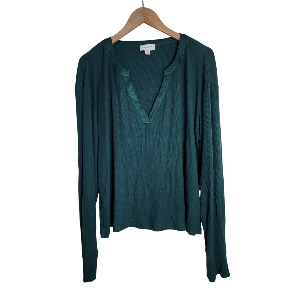Evereve Top Womens XL Green Ribbed Split Neck Long Sleeve EK5205841E